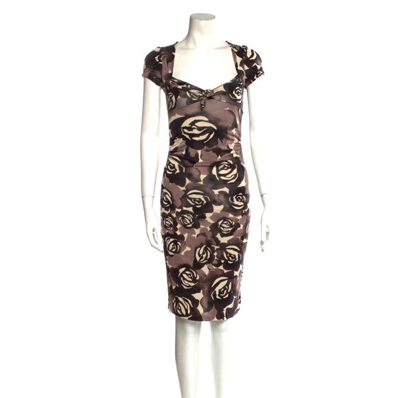 Diane von Furstenberg Y2K Womens Sz 2 Silk Dorothy Floral Sheath Dress Tan Black - Picture 1 of 14